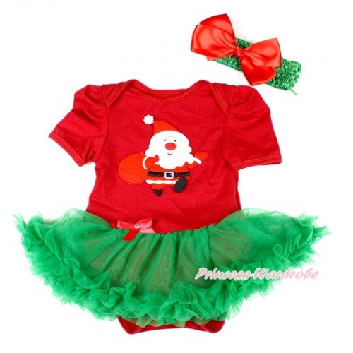 Xmas Red Baby Bodysuit Jumpsuit Kelly Green Pettiskirt With Gift Bag Santa Claus Print With Green Headband Red Silk Bow JS1593 