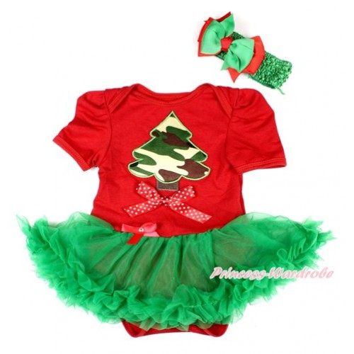 Xmas Red Baby Bodysuit Jumpsuit Kelly Green Pettiskirt With Camouflage Christmas Tree Print & Minnie Dots Bow With Green Headband Green Red Ribbon Bow JS1599 