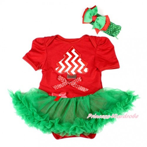 Xmas Red Baby Bodysuit Jumpsuit Kelly Green Pettiskirt With Red White Wave Christmas Tree Print & Minnie Dots Bow With Green Headband Green Red Ribbon Bow JS1600 