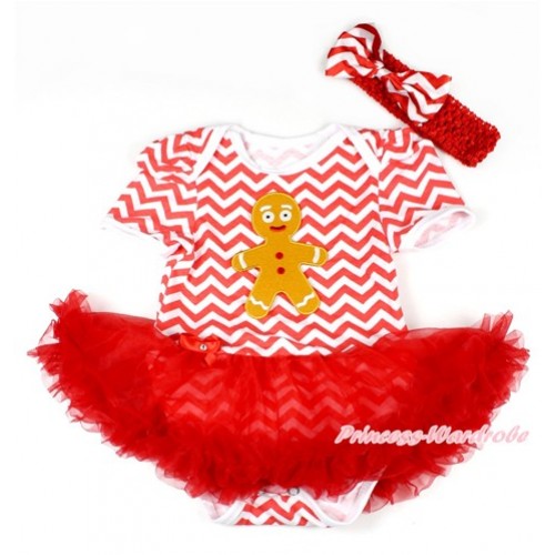 Xmas Red White Wave Baby Bodysuit Jumpsuit Red Pettiskirt With Brown Gingerbread Man Print With Red Headband Red White Wave Satin Bow JS1604 