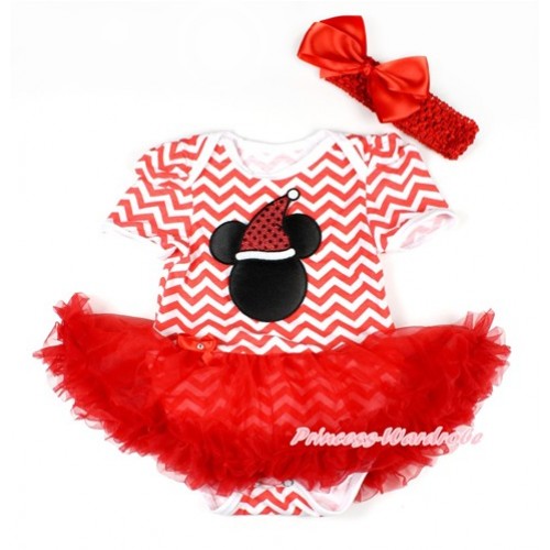 Xmas Red White Wave Baby Bodysuit Jumpsuit Red Pettiskirt With Christmas Minnie Print With Red Headband Red Silk Bow JS1606 