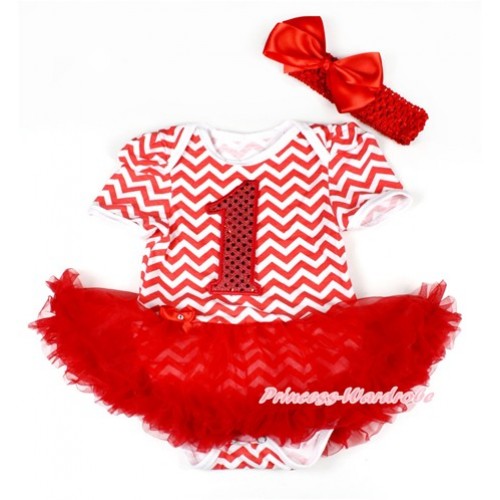 Xmas Red White Wave Baby Bodysuit Jumpsuit Red Pettiskirt With 1st Sparkle Red Birthday Number Print With Red Headband Red Silk Bow JS1607 