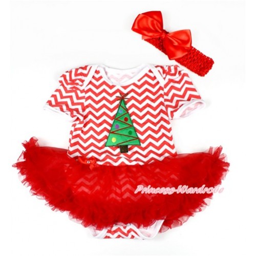 Xmas Red White Wave Baby Bodysuit Jumpsuit Red Pettiskirt With Christmas Tree Print With Red Headband Red Silk Bow JS1609 