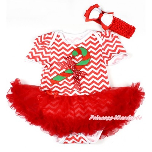 Xmas Red White Wave Baby Bodysuit Jumpsuit Red Pettiskirt With Christmas Stick Print & Minnie Dots Bow With Red Headband White Red Ribbon Bow JS1611 