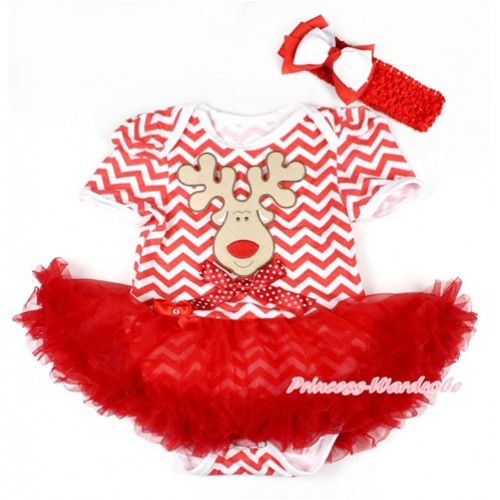 Xmas Red White Wave Baby Bodysuit Jumpsuit Red Pettiskirt With Christmas Reindeer Print & Minnie Dots Bow With Red Headband White Red Ribbon Bow JS1613 
