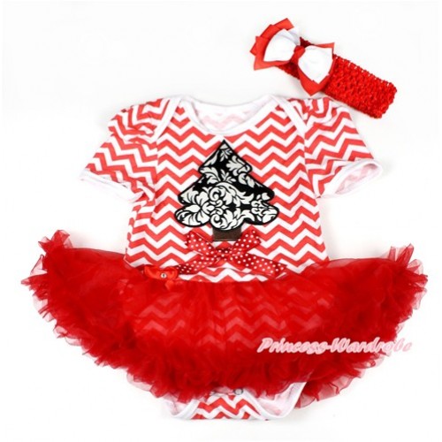 Xmas Red White Wave Baby Bodysuit Jumpsuit Red Pettiskirt With Damask Christmas Tree Print & Minnie Dots Bow With Red Headband White Red Ribbon Bow JS1614 