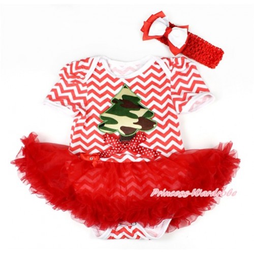 Xmas Red White Wave Baby Bodysuit Jumpsuit Red Pettiskirt With Camouflage Christmas Tree Print & Minnie Dots Bow With Red Headband White Red Ribbon Bow JS1615 