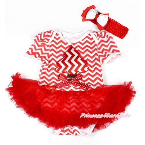 Xmas Red White Wave Baby Bodysuit Jumpsuit Red Pettiskirt With Red White Wave Christmas Tree Print & Minnie Dots Bow With Red Headband White Red Ribbon Bow JS1616 
