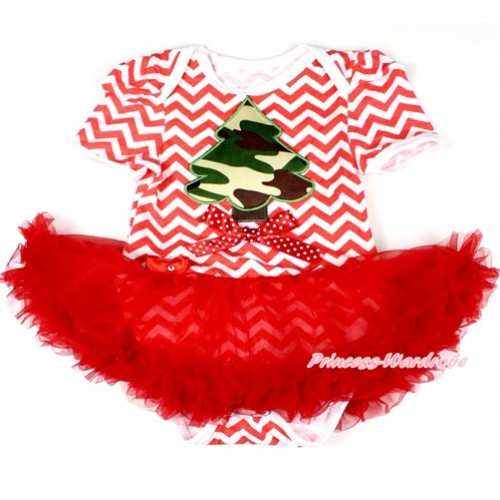 Xmas Red White Wave Baby Bodysuit Jumpsuit Red Pettiskirt with Camouflage Christmas Tree Print & Minnie Dots Bow JS1569 
