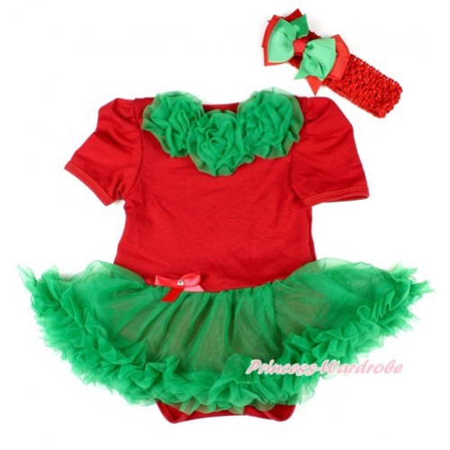 Xmas Red Baby Bodysuit Jumpsuit Kelly Green Pettiskirt With Kelly Green Rosettes With Red Headband Green Red Ribbon Bow JS1584 
