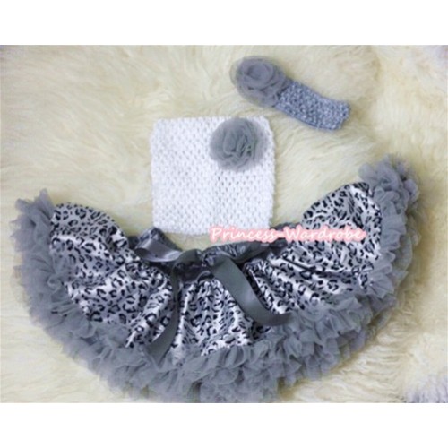 Grey Rosettes and White Crochet Tube Top, Grey Headband with Rose, Grey Leopard Pettiskirt 3PC Set CT248 