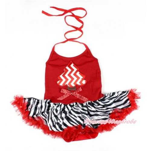 Xmas Red Baby Bodysuit Halter Jumpsuit Red Zebra Pettiskirt With Red White Wave Christmas Tree & Minnie Dots Bow Print  JS1627 