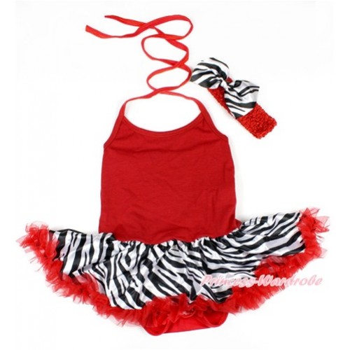 Red Baby Bodysuit Halter Jumpsuit Red Zebra Pettiskirt With Red Headband Zebra Satin Bow JS1632 