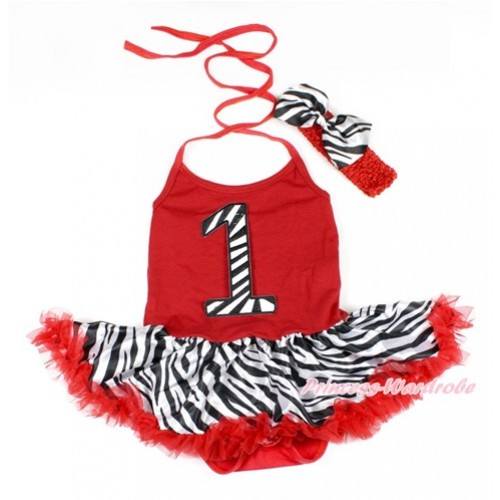 Red Baby Bodysuit Halter Jumpsuit Red Zebra Pettiskirt With 1st Zebra Birthday Number Print With Red Headband Zebra Satin Bow JS1636 