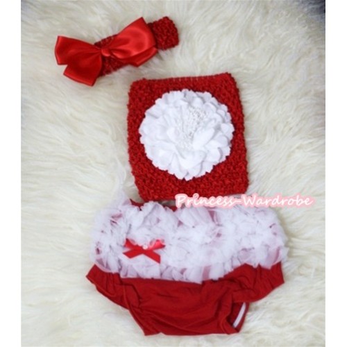 White Peony and Red Crochet Tube Top, Red Headband with Bow, White Ruffles Hot Red Panties Bloomers 3PC Set CT287 