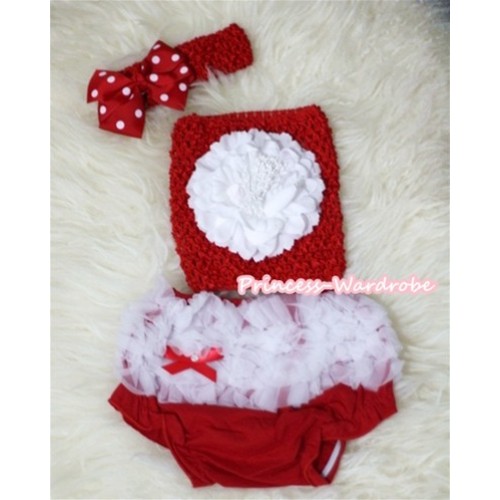 White Peony and Red Crochet Tube Top, Red Headband with Red White Polka Dots Bow, White Ruffles Hot Red Panties Bloomers 3PC Set CT288 