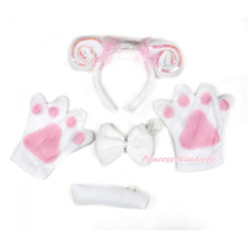 Light Pink White Sheep 4 Piece Set in Ear Headband, Tie, Tail , Paw PC057 