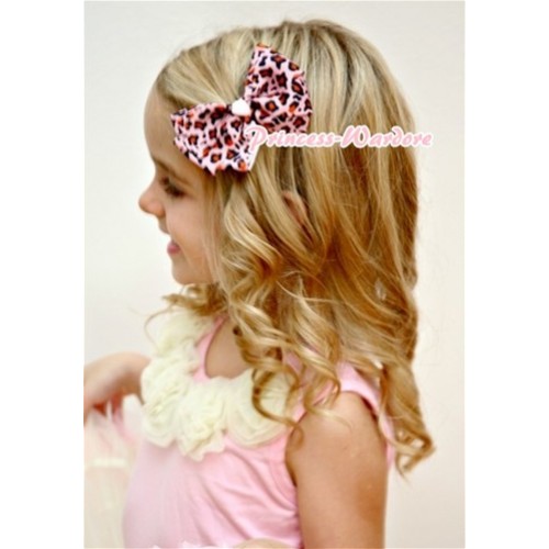 Light Pink Leopard Ribbon Bow Hair Clip H88 