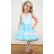 Light Blue White Polka Dots ONE-PIECE Petti Dress with Bow and White Rainbow Polka Dots Leg Warmer Set LD001 