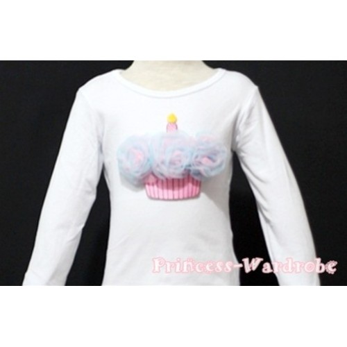Light Blue Light Pink Mixed Birthday Cake White Long Sleeves Top T110 