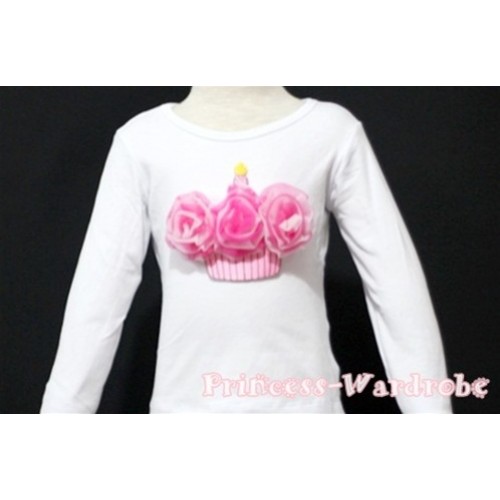 Hot Pink White Mixed Birthday Cake White Long Sleeves Top T112 