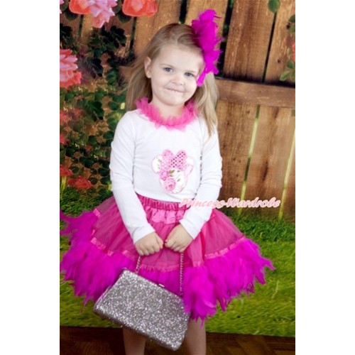 Hot Pink Posh Feather Pettiskirt with Rose Fusion Minnie Print White Long Sleeve Top with Hot Pink Chiffon Lacing MW343 