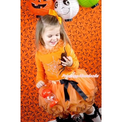 Halloween Orange Long Sleeve Top with Orange Chiffon Lacing & Sparkle Crystal Glitter Spider Web Print & Black Bow Orange Petal Pettiskirt MW344 