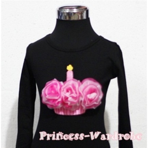 Hot Pink White Mixed Birthday Cake Black Long Sleeves Top T156 