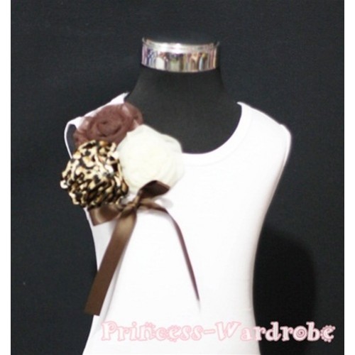 White Top with a Bunch of Brown Leopard Cream White Rosettes and Brown Bow TB100 