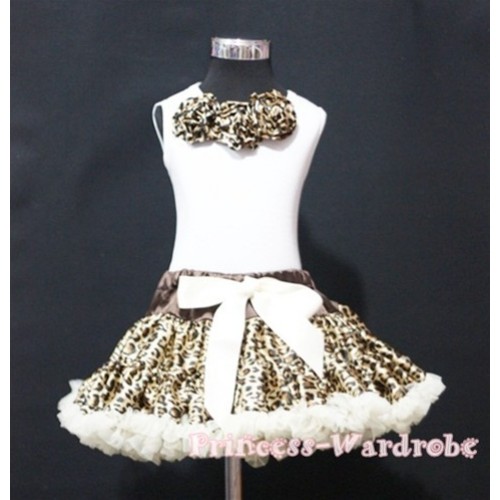 Cream White Leopard Pettiskirt with Matching Leopard Rosettes White Tank Top M253 