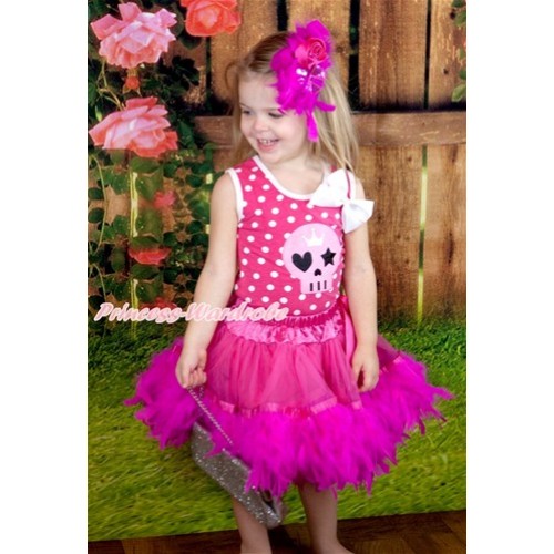 Halloween Hot Pink White Dots Tank Top with White Silk Bow & Light Pink Skeleton Print With Hot Pink Posh Feather Pettiskirt MH113 