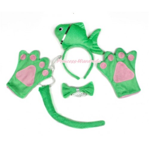 Green Sea Fish 4 Piece Set in Ear Headband, Tie, Tail , Paw PC063 