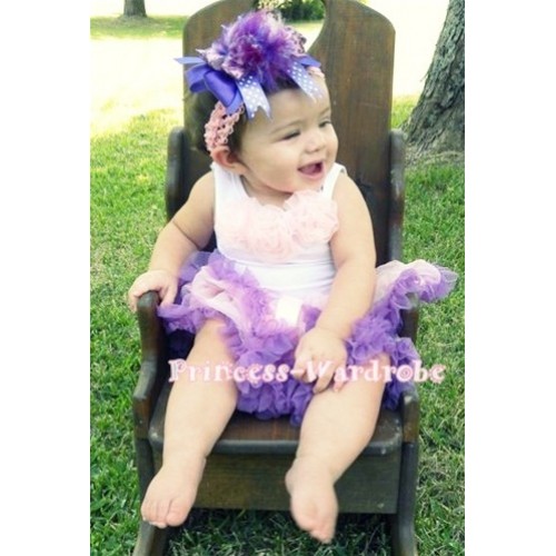 White Baby Pettitop & Light Pink Rosettes with Light Pink Dark Purple Baby Pettiskirt NG300 