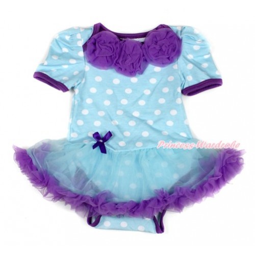 Light Blue White Dots Baby Bodysuit Jumpsuit Light Blue Dark Purple Pettiskirt with Dark Purple Rosettes JS1653 