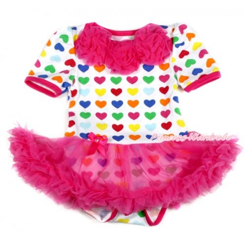 Rainbow Heart Baby Bodysuit Jumpsuit Hot Pink Pettiskirt with Hot Pink Rosettes JS1654 