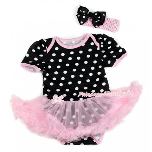 Black White Dots Baby Bodysuit Jumpsuit Light Pink Pettiskirt With Light Pink Headband Black White Dots Ribbon Bow JS1742 