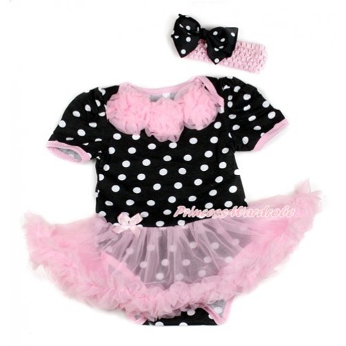 Black White Dots Baby Bodysuit Jumpsuit Light Pink Pettiskirt With Light Pink Rosettes With Light Pink Headband Black White Dots Ribbon Bow JS1746 