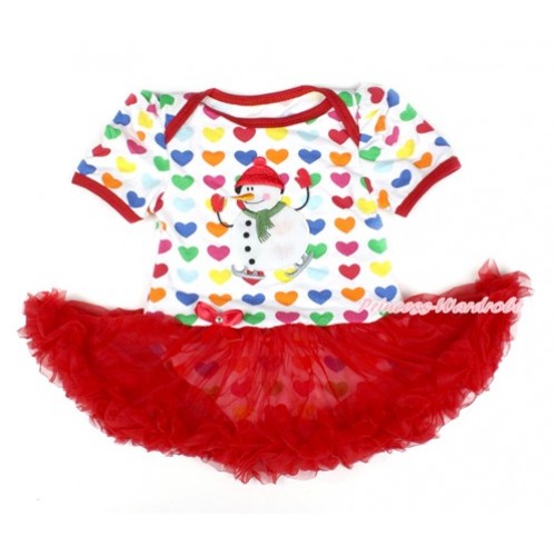 Xmas Rainbow Heart Baby Bodysuit Jumpsuit Red Pettiskirt with Ice-Skating Snowman Print JS1668 