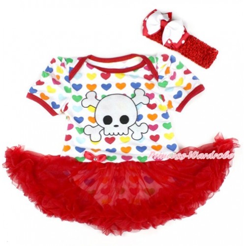 Halloween Rainbow Heart Baby Bodysuit Jumpsuit Red Pettiskirt With White Skeleton Print With Red Headband White & Red White Dots Ribbon Bow JS1750 