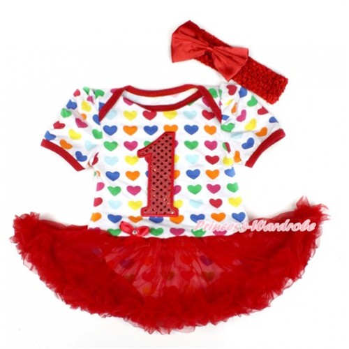 Rainbow Heart Baby Bodysuit Jumpsuit Red Pettiskirt With 1st Sparkle Red Birthday Number Print With Red Headband Red Satin Bow JS1764 