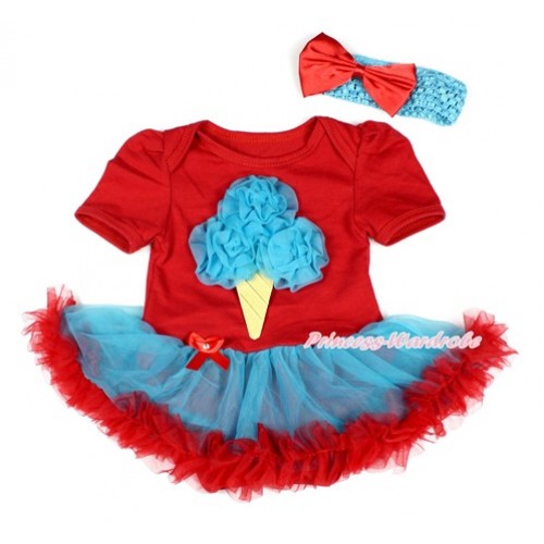 Hot Red Baby Bodysuit Jumpsuit Peacock Blue Red Pettiskirt With Peacock Blue Rosettes Ice Cream Print With Peacock Blue Headband Red Satin Bow JS1766 