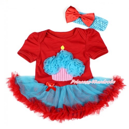 Hot Red Baby Bodysuit Jumpsuit Peacock Blue Red Pettiskirt With Peacock Blue Rosettes Birthday Cake Print With Peacock Blue Headband Red Satin Bow JS1767 
