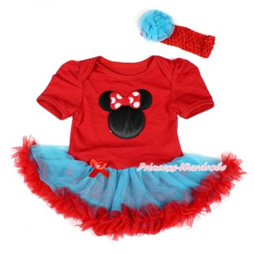 Red Baby Bodysuit Jumpsuit Peacock Blue Red Pettiskirt With Minnie Print With Red Headband Peacock Blue Rose JS1779 