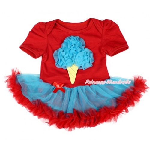 Hot Red Baby Bodysuit Jumpsuit Peacock Blue Red Pettiskirt with Peacock Blue Rosettes Ice Cream Print JS1675 