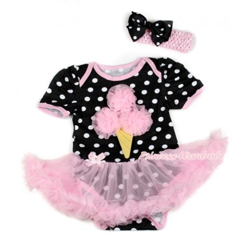 Black White Dots Baby Bodysuit Jumpsuit Light Pink Pettiskirt With Light Pink Rosettes Ice Cream Print With Light Pink Headband Black White Dots Ribbon Bow JS1812 