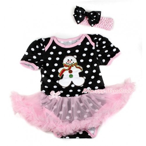 Xmas Black White Dots Baby Bodysuit Jumpsuit Light Pink Pettiskirt With Christmas Gingerbread Snowman Print With Light Pink Headband Black White Dots Ribbon Bow JS1814 