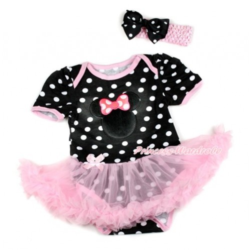 Black White Dots Baby Bodysuit Jumpsuit Light Pink Pettiskirt With Hot Pink Minnie Print With Light Pink Headband Black White Dots Ribbon Bow JS1818 