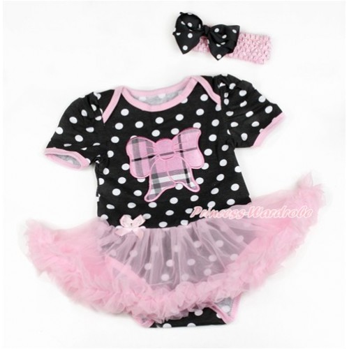 Black White Dots Baby Bodysuit Jumpsuit Light Pink Pettiskirt With Light Pink Checked Butterfly Print With Light Pink Headband Black White Dots Ribbon Bow JS1819 