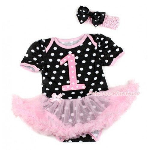 Black White Dots Baby Bodysuit Jumpsuit Light Pink Pettiskirt With 1st Light Pink White Dots Birthday Age Print With Light Pink Headband Black White Dots Ribbon Bow JS1821 