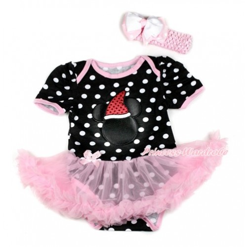 Xmas Black White Dots Baby Bodysuit Jumpsuit Light Pink Pettiskirt With Christmas Minnie Print With Light Pink Headband White & Light Pink White Dots Ribbon Bow JS1824 